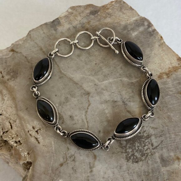 Sterling Silver Southwest Style Marquise Black Onyx Link Bracelet 6"-6.75" - Picture 11 of 16